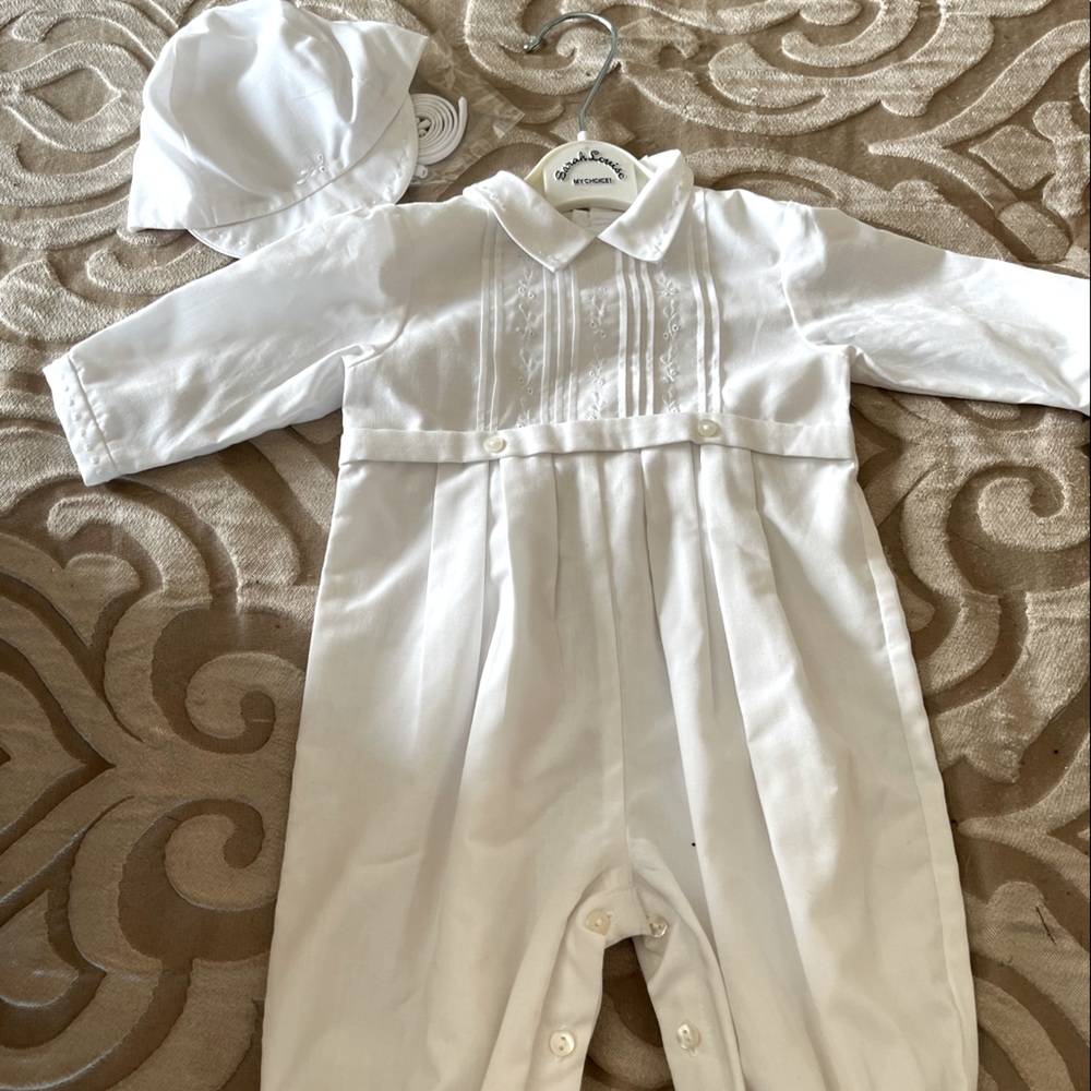 Sarah Louise Christening Romper and hat set -Button Fastening -White -Newborn